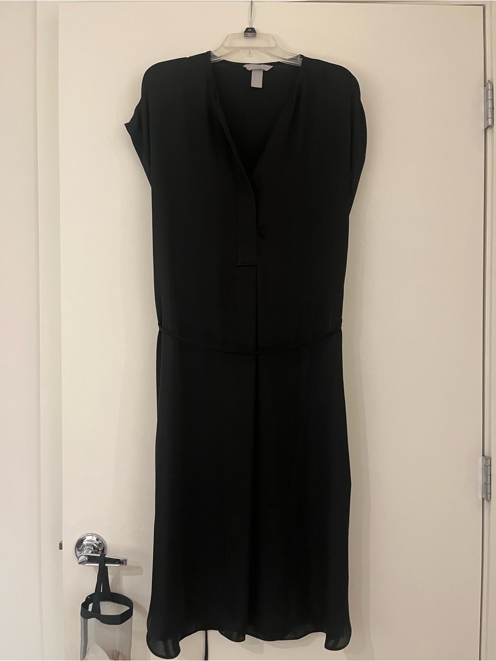 H&M Black Midi V-Neck Dress with Tie Around Waist and Buttons on Front